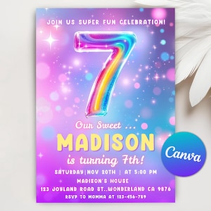 Pink 7th Birthday Invitation, Glitter Birthday Party, Rainbow Foil Girl Seventh Birthday, Girl 7 Year Old Birthday, Editable Canva Template