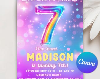 Pink 7th Birthday Invitation, Glitter Birthday Party, Rainbow Foil Girl Seventh Birthday, Girl 7 Year Old Birthday, Editable Canva Template