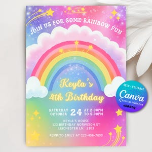 Rainbow Birthday Invitation, Rainbow Birthday Party, Rainbow of fun party, Editable Pink Gold Rainbow Clouds Girl Invitation Canva Template