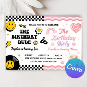Invito di compleanno per fratelli maschi e femmine, festa di compleanno congiunta, invito per doppio compleanno, controllo sorriso retrò, modello Canva modificabile
