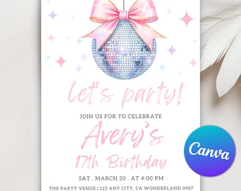 Disco Ball Birthday Invitation, Disco Party Birthday Invitation, ANY AGE Disco Birthday Party, Disco Theme Party , Editable Canva Template