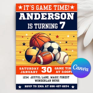 All Star Sport Invitation, Editable Sports Birthday Invitation, Football, baseball, Basketball, Soccer, Canva Printable Invitation Template