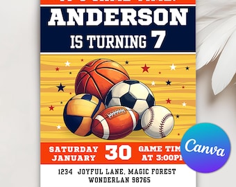 May include: A sports-themed birthday party invitation with a yellow background and a variety of sports balls, including a basketball, soccer ball, baseball, volleyball, and football. The invitation says "It's Game Time! Anderson is turning 7" and includes the date, time, and location of the party.