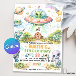 May include: A colorful invitation for Dustin's 5th birthday party, featuring an alien invasion theme. The design includes a UFO, aliens, a barn, and the text "It's an Alien Invasion! Join us for Dustin's 5th Birthday". The date is March 28th.