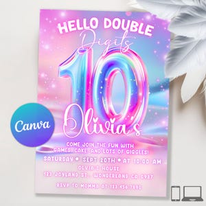 Könnte beinhalten: Eine Party-Einladung mit einem rosa-blauen Farbverlauf im Hintergrund. Der Text "HELLO DOUBLE Digits" steht oben, mit einer großen, schillernden Zahl "10" in der Mitte. Der Name "Olivia's" steht darunter, mit Eventdetails unten.