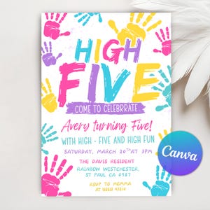 High Five Geburtstagseinladung, 5. Geburtstag einladen, Hi Five Girl Einladung, Bunt Geburtstag einladen, bearbeitbare Canva Vorlage