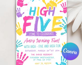 High Five Birthday Invitation, 5th Year Birthday Invite, Hi Five Girl Invitation, Colorful Birthday Invite, Editable Canva Template