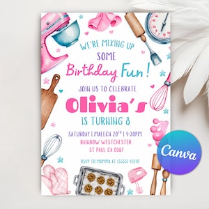 Baking Birthday Party Invitation, Baking Birthday Invite, Cooking Birthday Invitation, Girls Cooking Party Invite, Canva Editable Template