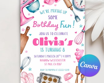 Invito per festa di compleanno a tema cucina, invito per compleanno a tema cucina, invito per festa di cucina per ragazze, modello modificabile Canva