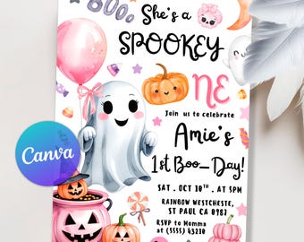 May include: A Halloween-themed invitation with a cute ghost, pumpkins, and the text "She's a Spookey One". The invitation includes the text "Amie's 1st Boo-Day!" and event details. Pink and orange colors dominate the design.