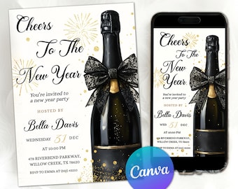 May include: A New Year's party invitation featuring a black champagne bottle with a lace bow. The invitation includes the text "Cheers To The New Year" and event details. A smartphone displays the same design.