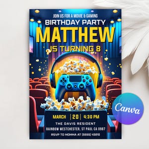 Convite de aniversário com tema de filme e videogame, convite para festa de cinema com tema de videogame, convites para festa de cinema, convite para noite de cinema, modelo editável do Canva