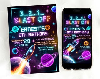 Invitación de cumpleaños del espacio exterior, invitación de fiesta de cumpleaños espacial neón, invitación a fiesta de galaxia neón, planetas de cohetes espaciales, Canva editable