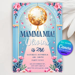 Invitación de cumpleaños de Mamma Mia, invitación digital de Mamma Mia, invitación a la fiesta de Mamma Mia, tema floral de Mamma Mia, Grecia, plantilla editable de Canva