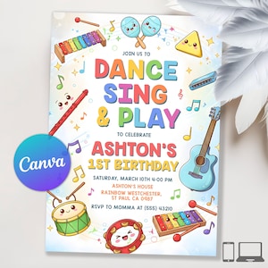 以下が含まれることがあります： 音楽のイラストが描かれた、カラフルな誕生日パーティーの招待状。「Dance, Sing & Play」のテキストで「Ashton's 1st Birthday」をお祝いします。Canvaのロゴとイベントの詳細が含まれています。