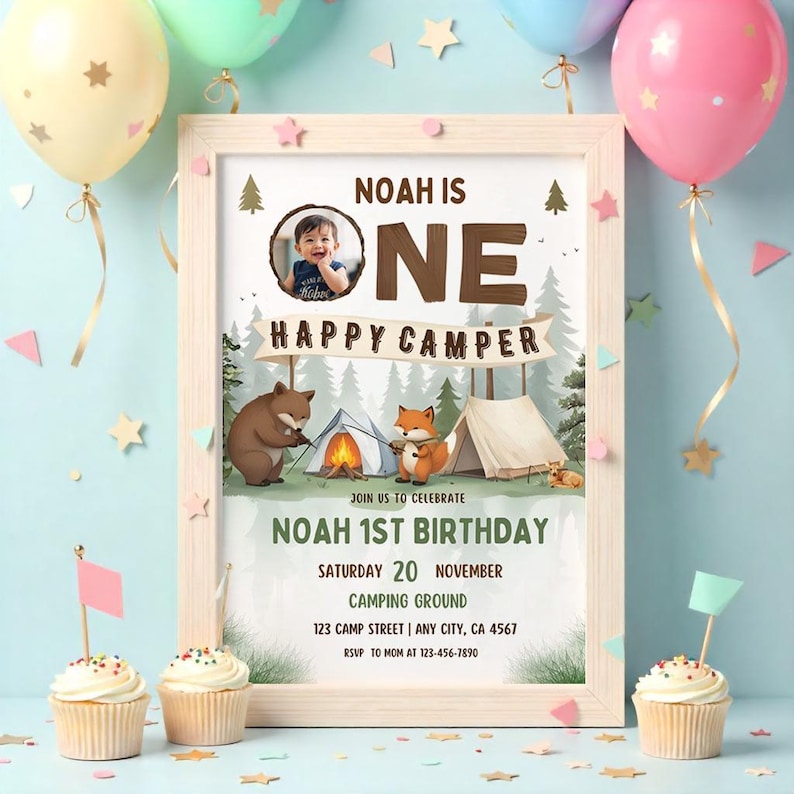 camp birthday theme,happy camper invite,happy camper bear,Camp first birthday,One happy camper,Lumberjack birthday,Lumberjack party,Camping invitation,boy happy camper,Camping 1st Birthday,happy camper party,1st Birthday,editable invitation