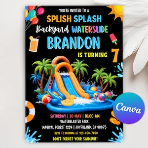 Waterslide Birthday Invitation Boy Girl Splash Party Invite, Summer Pool Party, Canva Editable Water Slide Birthday Invitation Template