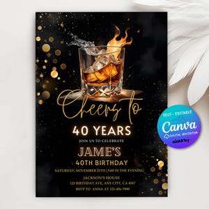 Whisky verjaardagsuitnodiging, Surprise Party volwassene, 30e 40e 50e elke leeftijd, cognac Scotch Liquor, Canva bewerkbare volwassen mannen verjaardag uitnodigen