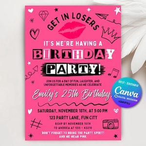 Invitación de cumpleaños inspirada en Mean Girls, fiesta de Mean Girls&#39; Night, invitación rosa para chicas de 18 a 21 años, plantilla editable de Canva
