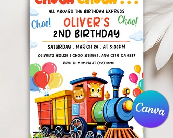 Train Birthday Invitation, Chungga Chugga Choo Choo Train Birthday Invite, Train Invitation, 2nd Birthday Invite, Editable Canva Template