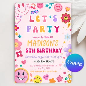 Puede incluir: Invitación a una fiesta de cumpleaños rosa con un título colorido "Let's Party" y un gráfico de cara sonriente. La invitación es para el 5º cumpleaños de Madison, el 25 de agosto a las 2:00 pm en la Madison House. La dirección es 123 Birthday Ave Boston In., Any City 9103. RSVP a Cathrine al 123-4567-890.