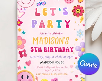 Invito di compleanno con lettera di patch, festa di compleanno per ragazze retrò alla moda, invito di compleanno con faccina sorridente, modello di invito modificabile Canva