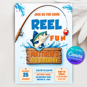 Modello di invito per festa di compleanno di pesca, invito di pesca, festa di pesca, Reel The Fun, tema di compleanno di pesce, modello modificabile Canva