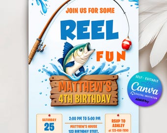 May include: A blue and orange birthday invitation with a cartoon fish jumping out of the water. The invitation says "Join us for some Reel Fun" and "Matthew's 4th Birthday". The invitation also includes the date, time, and location of the party.