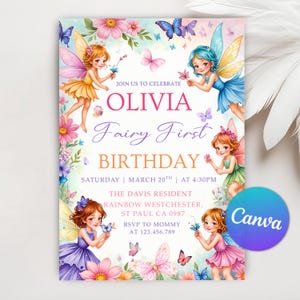 Fairy First Birthday Invitation, Fairy Party 1st Birthday Girl Invitation, Magical Fairy Princess Birthday Party, Canva Editable Template