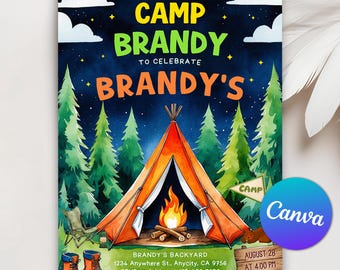Camping Birthday Invitation, S'mores Bonfie Camping Birthday Party, Adventure Forest Camper Birthday Invitation, Editable Canva Template