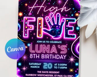 High Five Birthday Invitation, Neon Glow High Five Birthday Invite, Hi Five 5th Birthday Party, High Five Birthday Party, Editable Canva