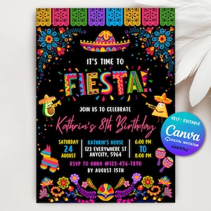 Fiesta Birthday Invitation, Mexican Theme Invitation, Fiesta Invitation, Mexican Papel Birthday Invite, Canva Editable Invitation Template