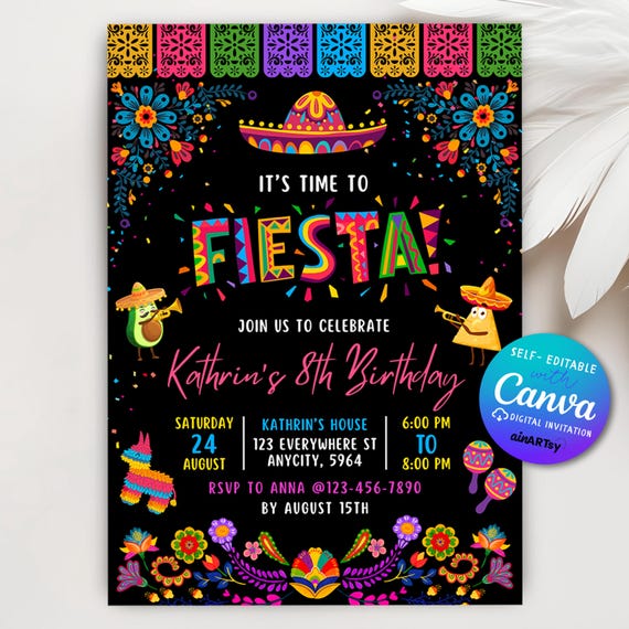 Fiesta Birthday Invitation, Mexican Theme Invitation, Fiesta Invitation, Mexican Papel Birthday Invite, Canva Editable Invitation Template