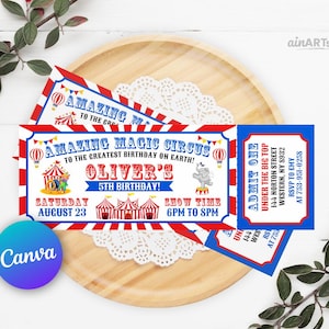 Karneval Ticket Geburtstagseinladung, Zirkusparty, roter Karneval Karneval-Geburtstagsfeier-Einladung, bearbeitbare Karneval-Karte einladen, Canva-Vorlage