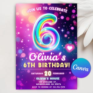 Pink 6th Birthday Invitation, Glitter Party Invite, Girl 6th Invitation, Girl Sixth Birthday Party, Printable Editable Canva Template