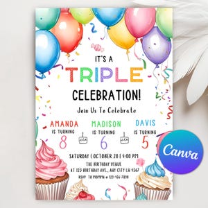 Faire-part pour un triple anniversaire, faire-part d'anniversaire pour frères et sœurs, confettis arc-en-ciel pour anniversaire commun entre frères et sœurs, triple plaisir, modèle sur toile modifiable