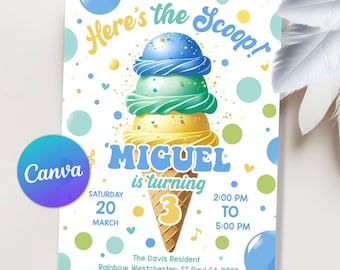 Ice Cream Birthday Invitation Boy Birthday Invite, arty Here's the Scoop Cone Blue Mint Yellow, Summer Party Invite, Editable Canva Template