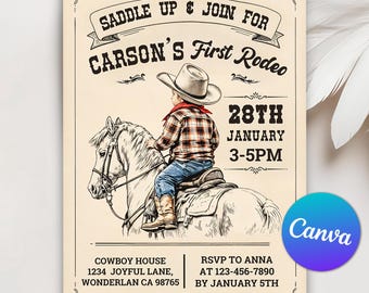 May include: A vintage-style invitation for a child's first rodeo. The invitation features a cartoon illustration of a young boy riding a horse. The text reads "Saddle Up & Join For Carson's First Rodeo" with the date and time of the event. The invitation also includes the address of the event and RSVP information.