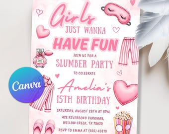 Pink Pajama Slumber Party Invitation, Slumber Party Invite, Sleepover Birthday Invite, Girls Just Wanna Have Fun Birthday, Editable Canva