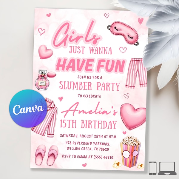 Invito per pigiama party in pigiama rosa, invito per pigiama party, invito per pigiama party di compleanno, compleanno "Girls Just Wanna Have Fun", modificabile su Canva