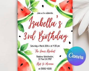 Watermelon Birthday Invitation, Watermelon Theme Party Invitation, Girl Summer Watermelon Birthday Invite, Watermelon Party, Editable Canva
