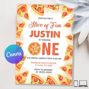 May include: A pizza-themed birthday invitation with watercolor illustrations of pizza slices and a whole pizza. The invitation reads "Slice of Fun" and announces Justin's first birthday, with date, time, and location details.