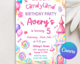 Sweet Celebration Birthday Invitation, Candy Land Birthday Party, Candyland Invitation, Candy Birthday Invitation, Editable Canva Template