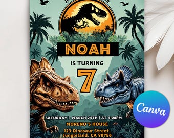 Editable Dinosaur Birthday Party Invitation, Dinosaur World T-Rex Party Invite, Jurassic 1st 3rd 5th Birthday Invitation Canva Template