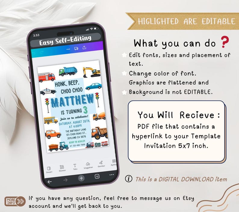 City Transportation,Beep,Choo Choo Train,3rd birthday,Cars Birthday Invite,Truck Birthday,editable invitation,car invitation,truck birthday,cars birthday invite,car birthday invite,kids birthday invite,Cars Birthday,Truck and Cars