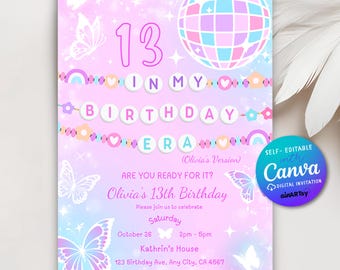Invitación a "In My Birthday Era" para fiesta musical de cumpleaños de adolescente, invitación con pulsera de la amistad, fiesta de "Pupple Blue Eras", plantilla editable de Canva