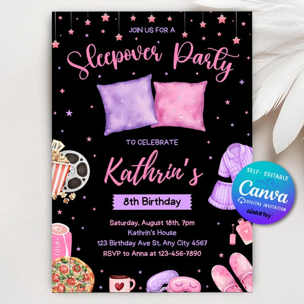 Invito di compleanno per pigiama party, invito modificabile per pigiama party, pigiama party per bambine, invito per serata cinema per ragazze in pigiama rosa, modello Canva