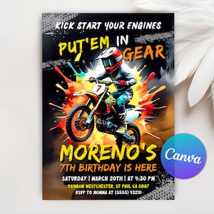 May include: A colourful birthday invitation with a motocross theme. It features a rider on a motorbike and the text "KICK START YOUR ENGINES PUT'EM IN GEAR MORENO'S 7TH BIRTHDAY IS HERE", plus event details including the date and time.