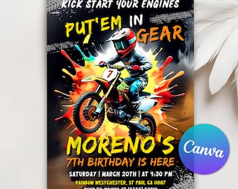May include: Motocross-themed birthday invitation with a vibrant illustration of a rider on a motorcycle. The design features the text "KICK START YOUR ENGINES PUT'EM IN GEAR MORENO'S 7TH BIRTHDAY IS HERE" along with event details.