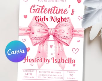 Faire-part Saint-Valentin, faire-part Saint-Valentin, coquette noeud rose Saint-Valentin, soirée entre filles Galentines, toile modifiable